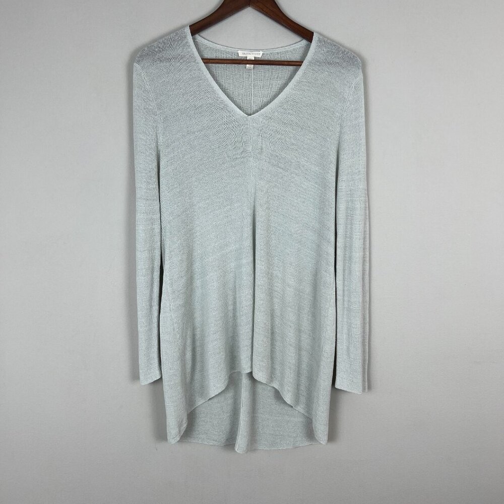 Eileen Fisher Tunic Top Womens Large Gray Linen Nylon Knit V-Neck High Low Hem L